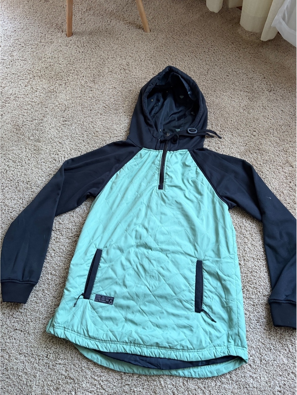 Saga Outerwear Jacket Women Large Green 1/4 Zip Pullover Quilted Hood Gorpcore